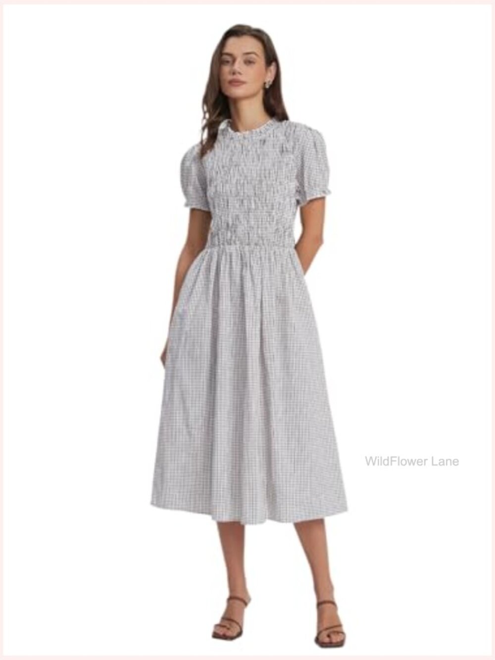 Puff Short Sleeve Plaid Flowy Boho Beach Gingham Smocked Vacation Midi Sundress - Picture 4 of 6